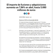 El importe de fusiones y adquisiciones aumenta un 7,86% en abril, hasta 5.080 millones de euros